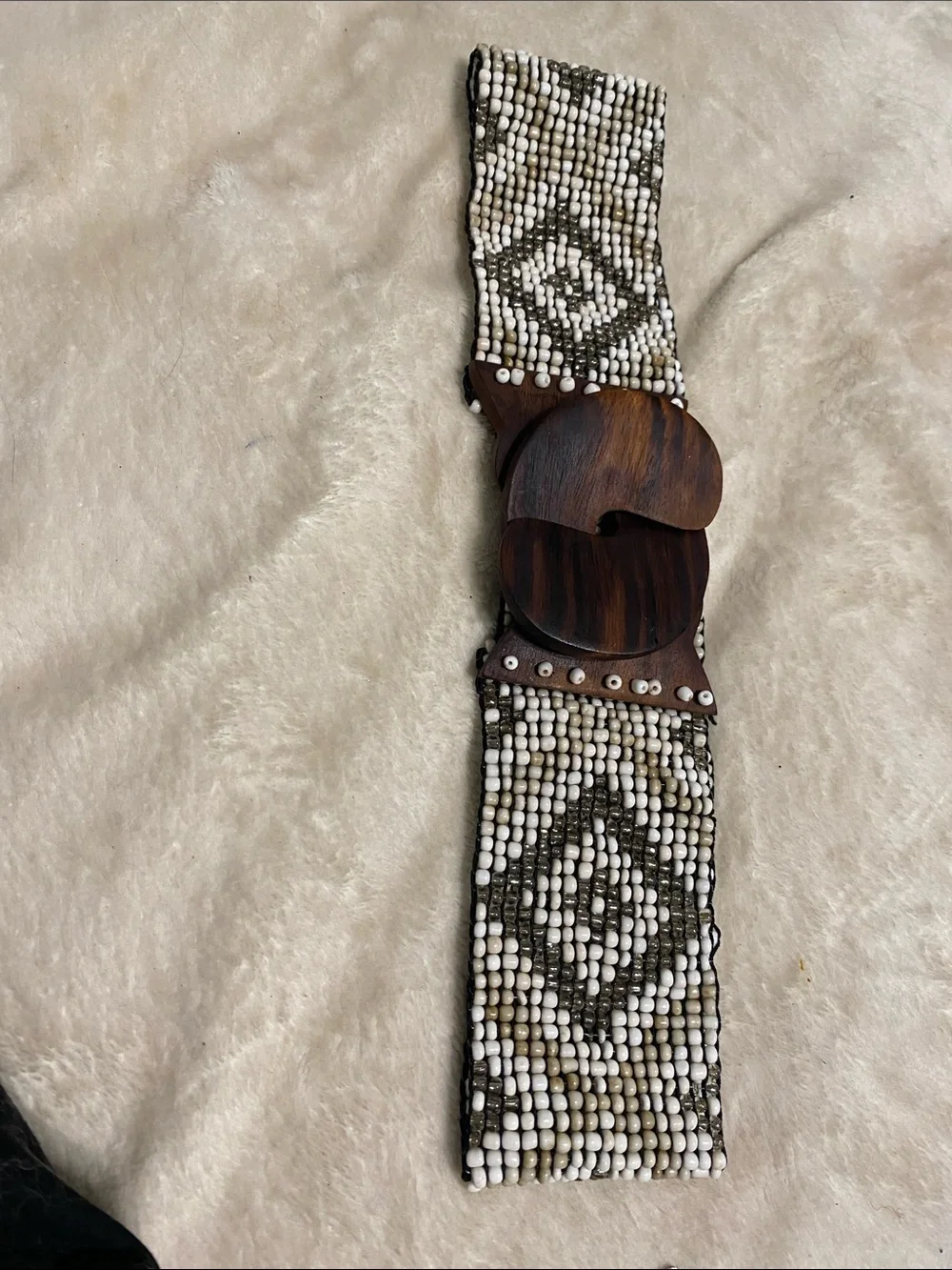 Vintage Boho Glass Beaded Stretch Belt w Hand Carved Wooden Clasp